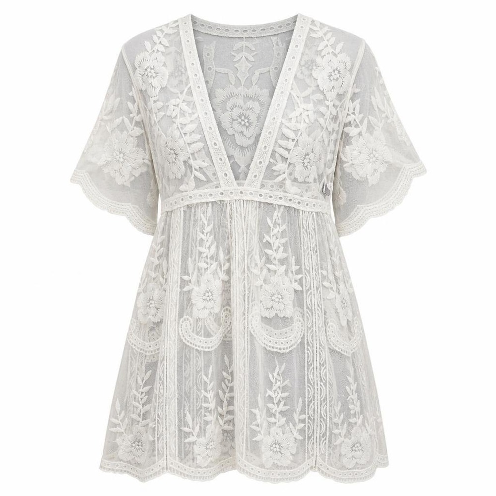 Cottagecore Lace Top OSFM Floral Boho Coquette Sheer Mini Dress Fairy Swim Cover
